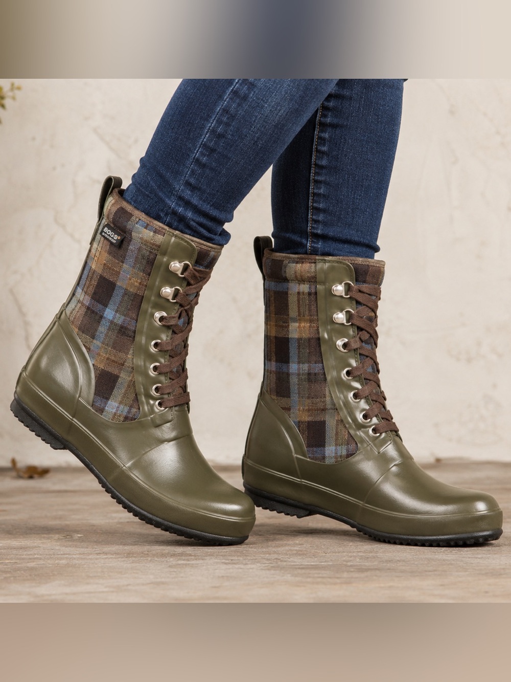 BOGS Sidney Plaid Olive Green Lace-Up Waterproof Rain Winter Boots Wonen’s 10